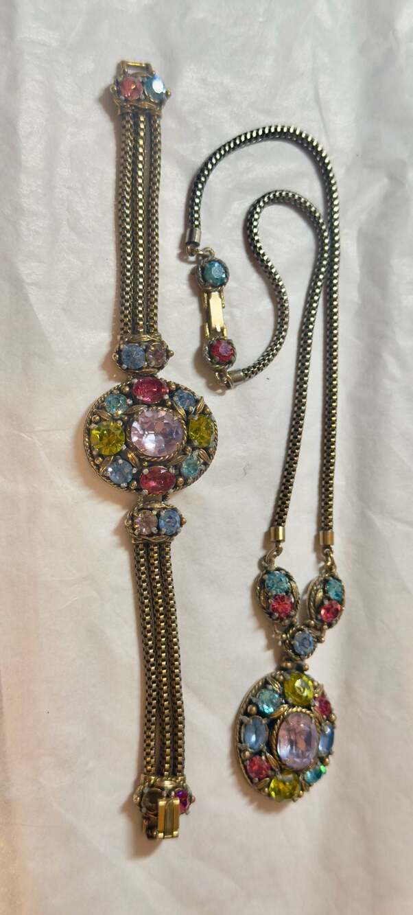 Vintage Hollycraft Multi-Colored Rhinestone Necklace & Bracelet Demi-Parure Set